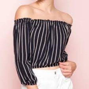 BRANDY MELVILLE Navy Blue & White Stripe Maura Off The Shoulder Crop Top OS